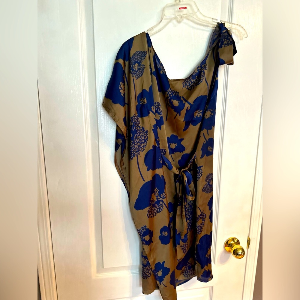 Brown and blue flowy belted dress